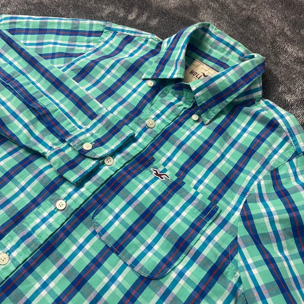 Hollister Mens Medium Plaid Long Sleeve Button Down Shirt Pocket Logo Preppy